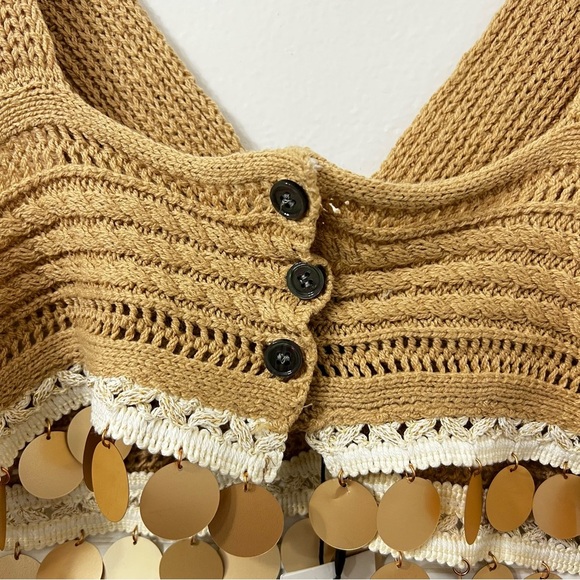 NWT Cider L Beige Tassel Knit Crop Tank Bohemian Festival Coachella Beachy Top - Picture 7 of 10